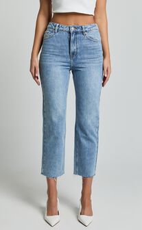 Imelda Jeans - Mid Waist Frayed Hem Recycled Denim Crop Straight Leg Jeans in Mid Blue Wash