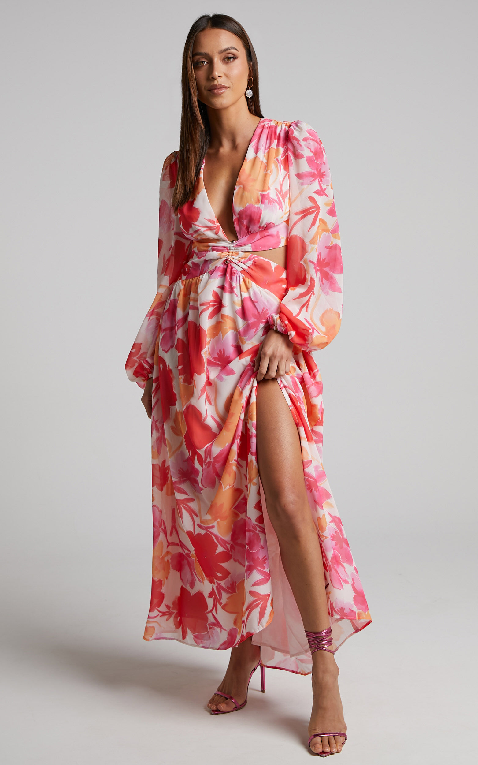 Emilee Midi Dress Side Cut Out Long Sleeve Plunge Dress in Pink Floral Showpo USA