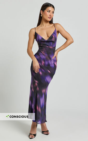 Susie Midi Dress - Recycled Strappy Cowl Slip Dress in Violet Night Print