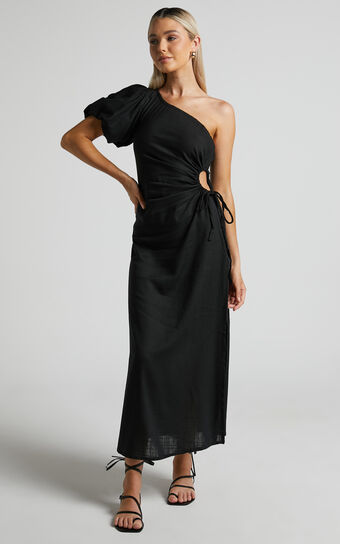 Victoria Midi Dress - Linen One Shoulder Puff Sleeve Cut Out Dress in Black