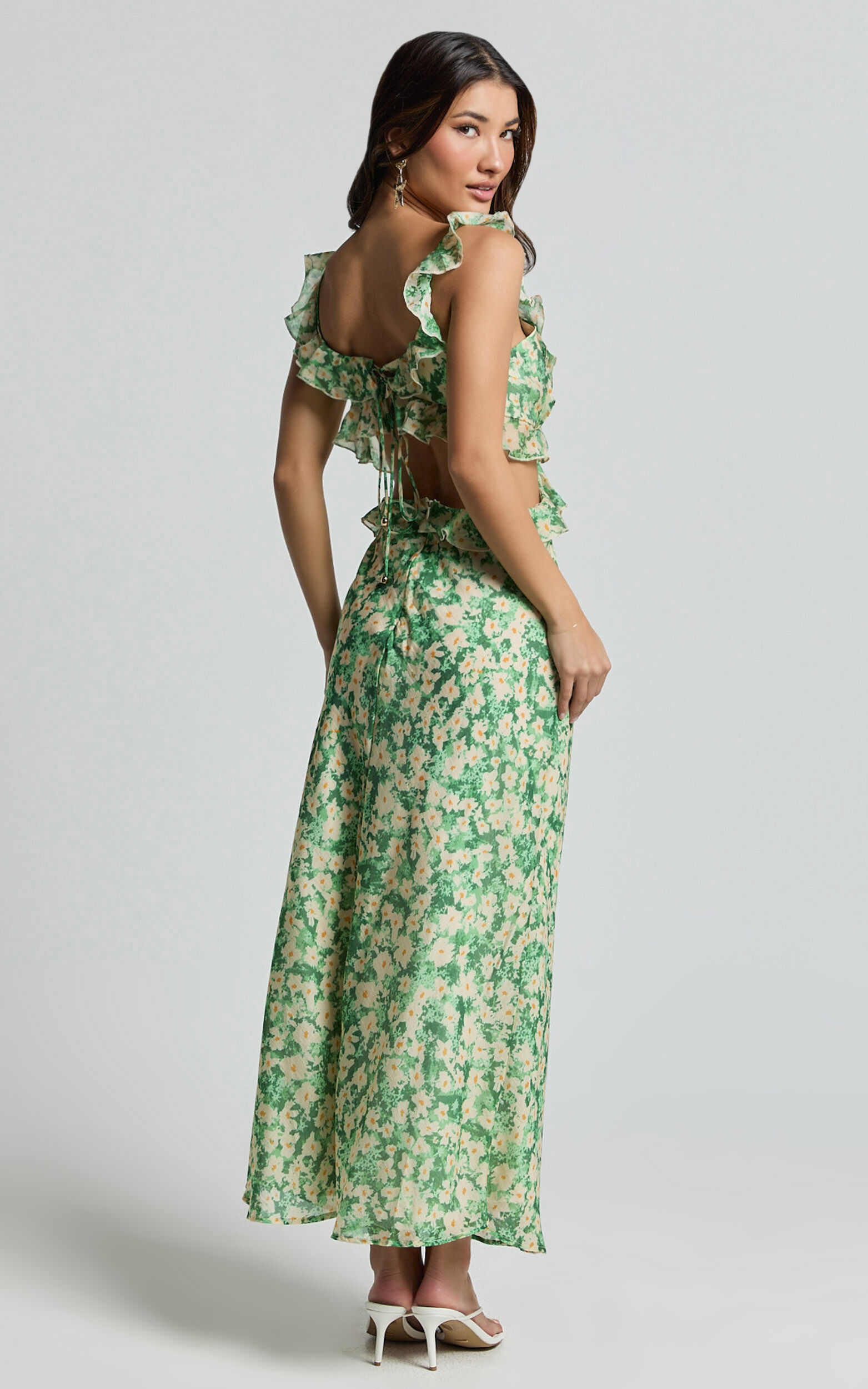 Green floral ruffle dress sales