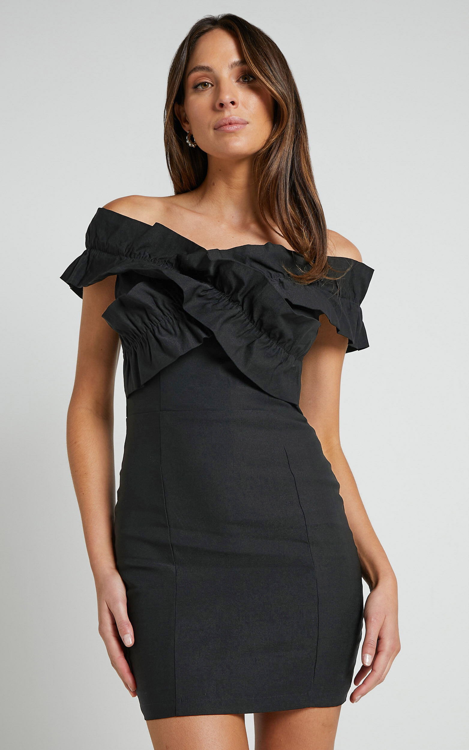 Nelly Mini Dress Off Shoulder Ruffle Detail Dress in Black