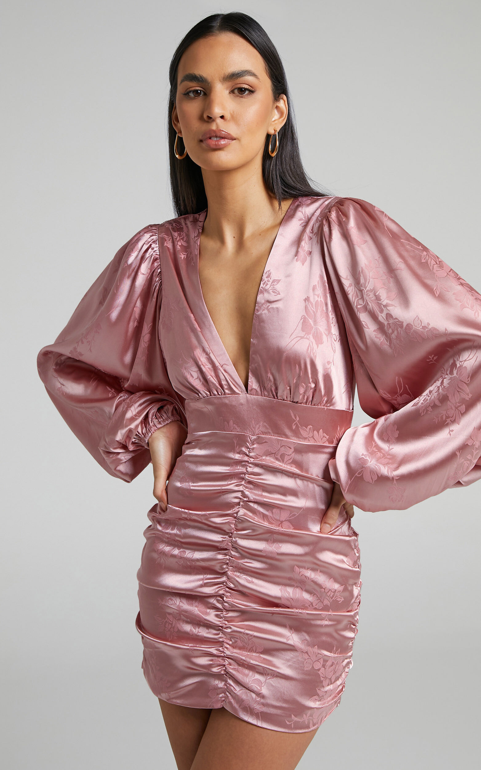 Richmond Mini Dress - Long Sleeve Ruched Dress in Dusty Pink - 06, PNK2