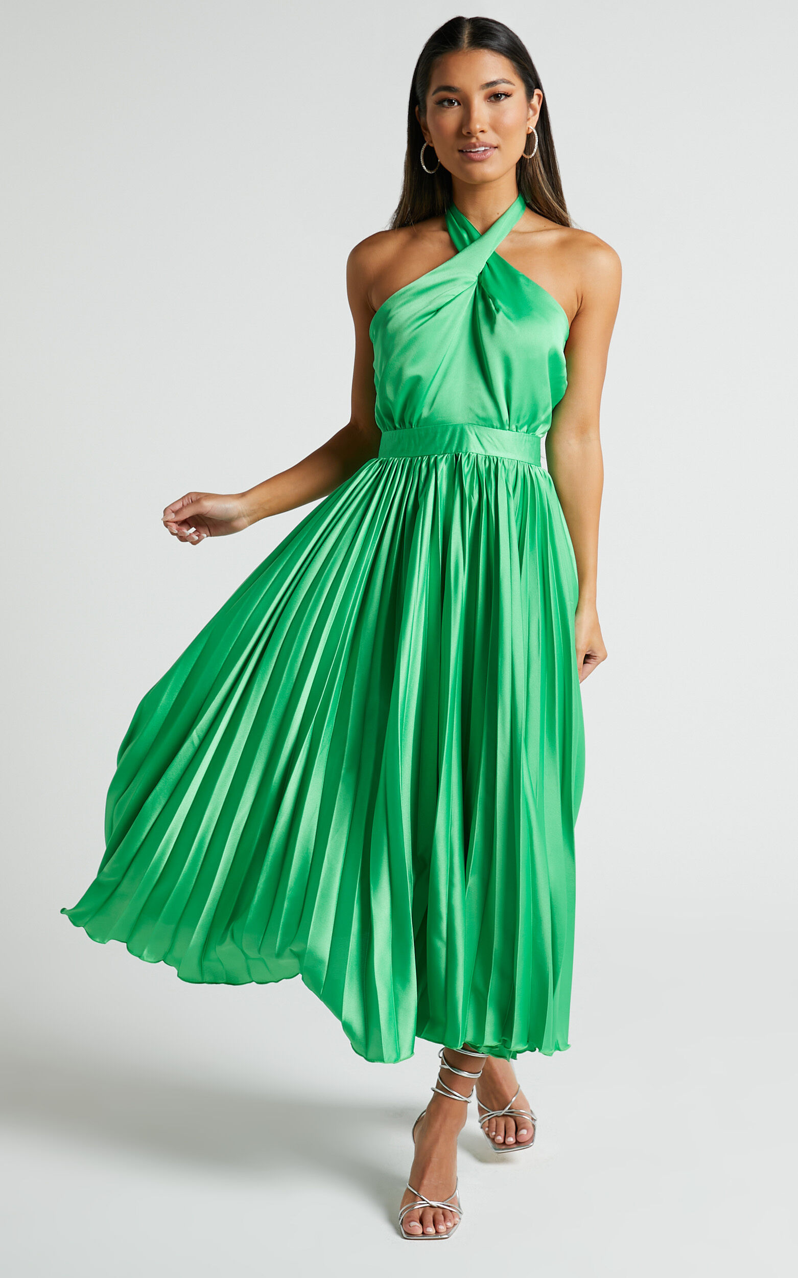 Eloise Midi Dress Halter Neck Pleated Dress in Jewel Green