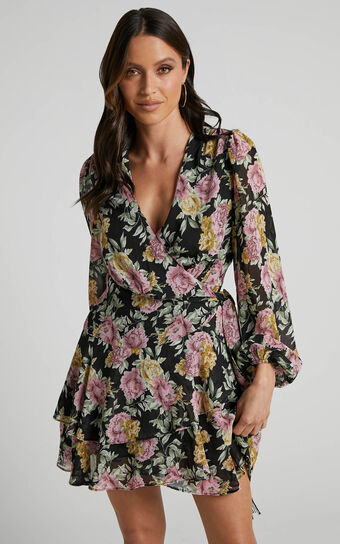 Jaspha Mini Dress - Sheer Detail Ruffle Skirt V Neck Dress in Black Floral