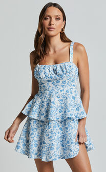 Cassia Mini Dress - Ruched Bust Sleeveless Layered Dress in Blue and White Print