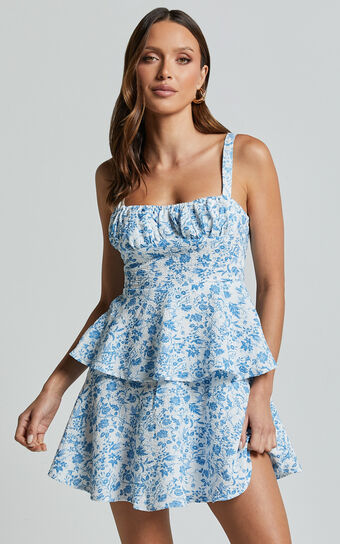 Cassia Mini Dress - Ruched Bust Sleeveless Layered Dress in Blue and White Print