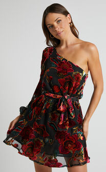Natachia Mini Dress - One Shoulder Burnout Dress in Black Floral