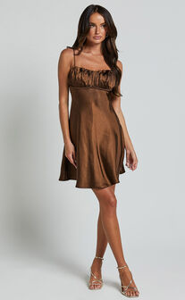 Chanaye Mini Dress - Ruched Bust Satin Cami Dress in Chocolate