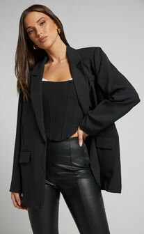 Michelle Blazer - Oversized Plunge Neck Button Up Blazer in Black