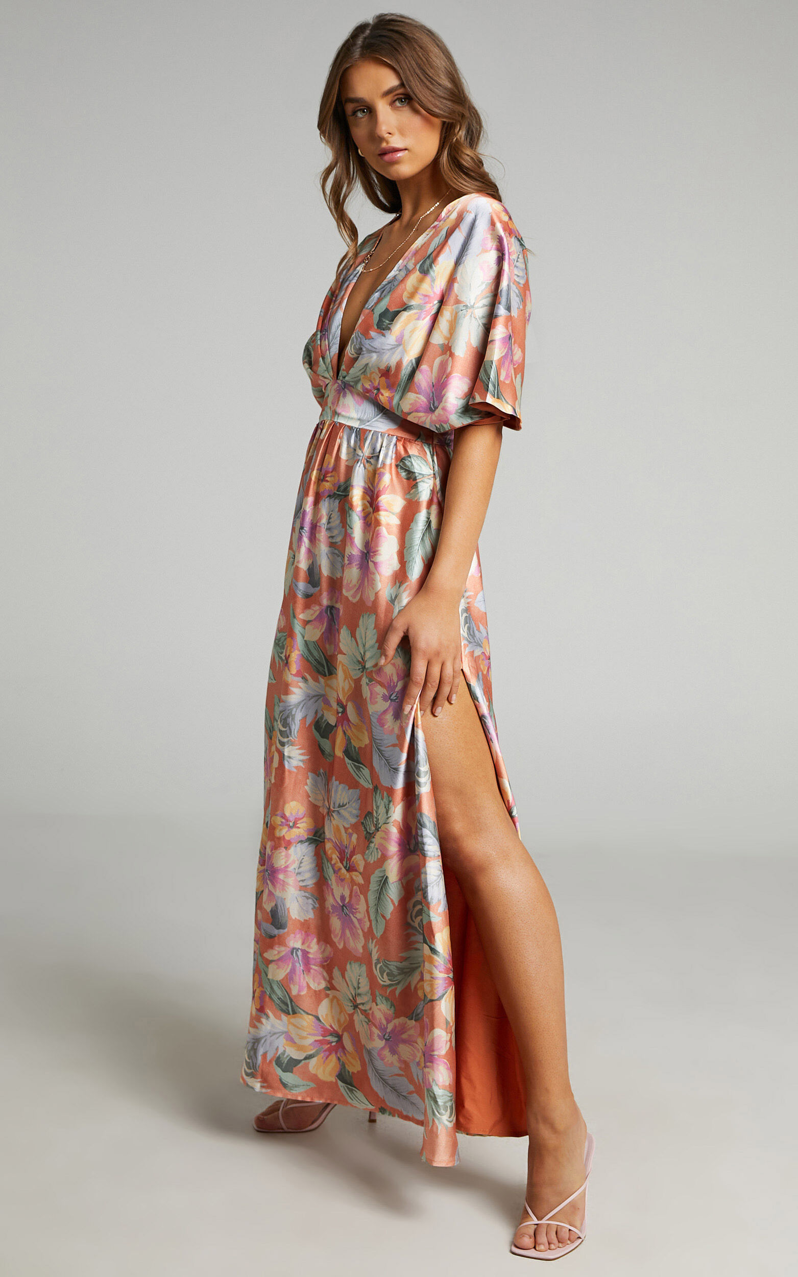 Sophia Midi Dress Plunge Neck Bat Wing Sleeve Dress in Multi Floral Showpo USA