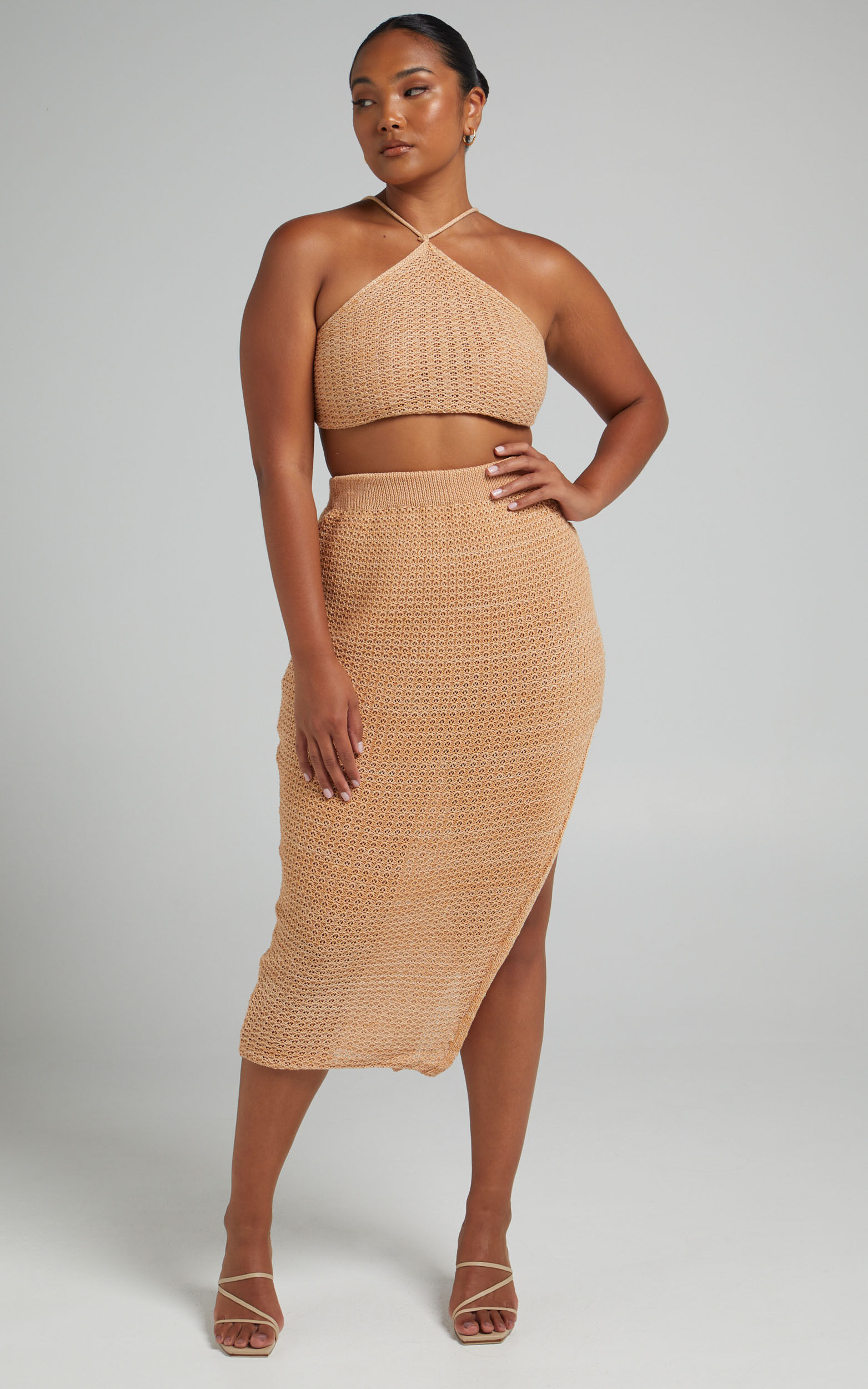 Missy Chevron Crochet Midi Skirt Two Piece Set in Beige