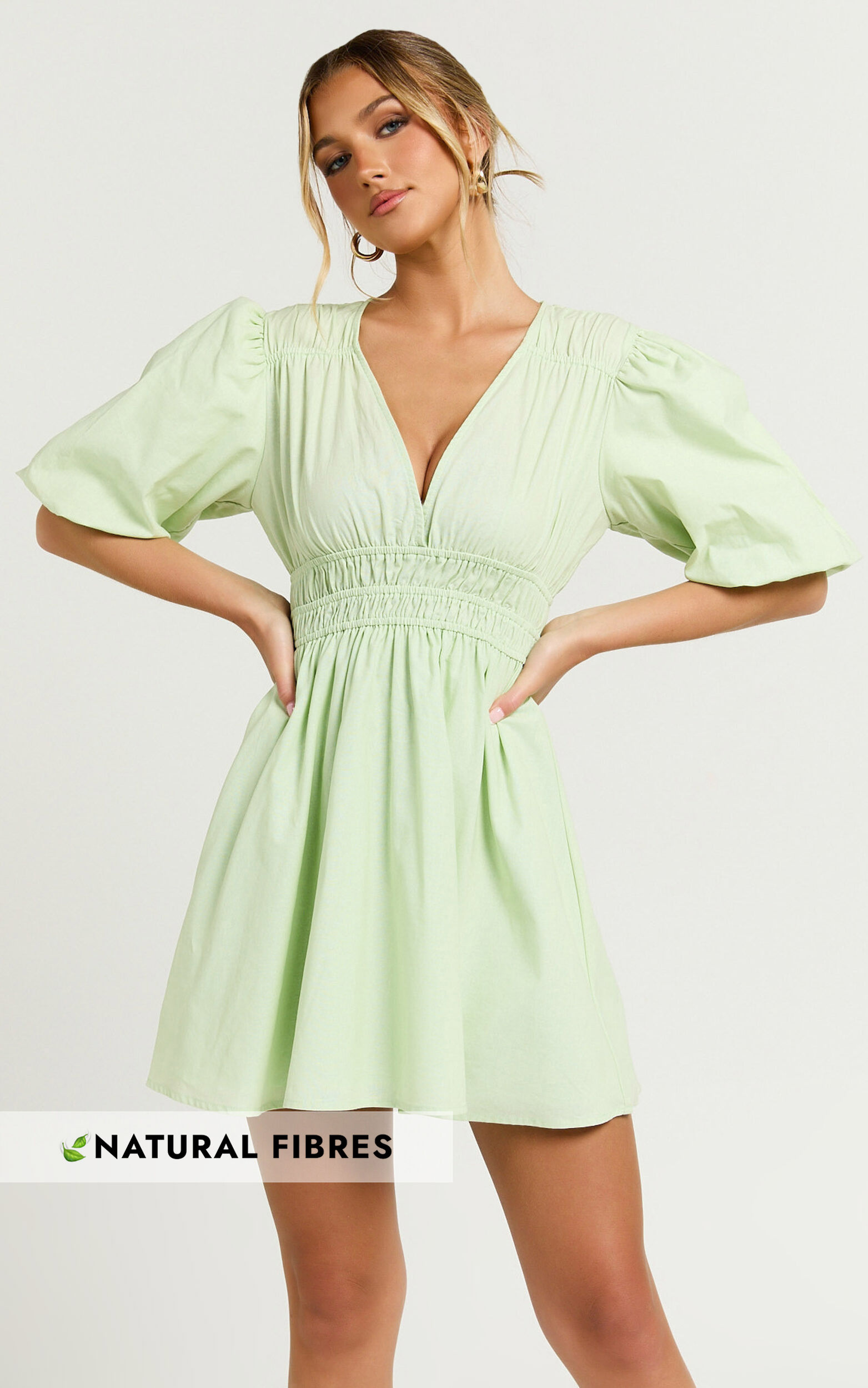 Francesca V Neck Puff Sleeves Mini Dress in Green - 06, GRN1