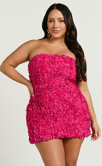 Cassia Mini Dress - Strapless 3D Floral Lace Up Back Dress in Pink