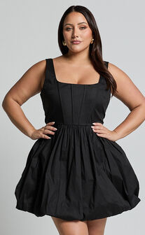 Brianda Mini Dress - Corset Bodice Bubble Hem Dress in Black