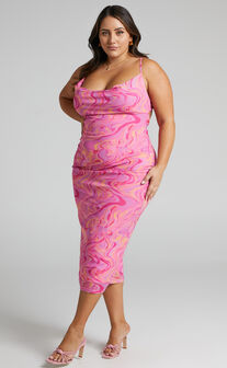 Helga Midi Dress - Cowl Neck Ruched Dress in Pink Swirl