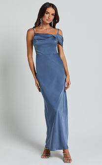 Karlen Midi Dress - Shoulder Strap Detail Satin Slip Dress in Steel Blue