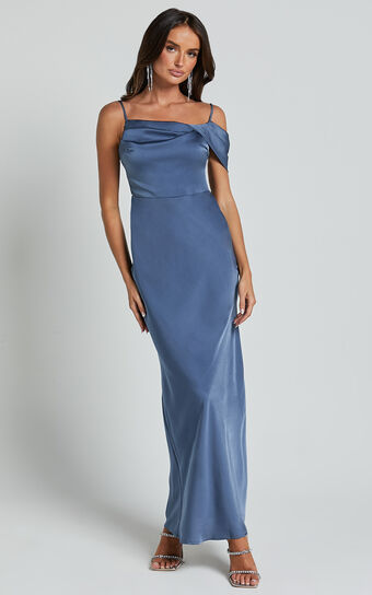 Karlen Midi Dress - Shoulder Strap Detail Satin Slip Dress in Steel Blue