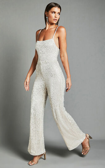 Carlie Jumpsuit - Straight Neck Strappy Sequin in Champagne