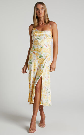 Rischa Midi Dress - Asymmetrical Cowl Neck Side Split Satin Dress in Yellow Floral