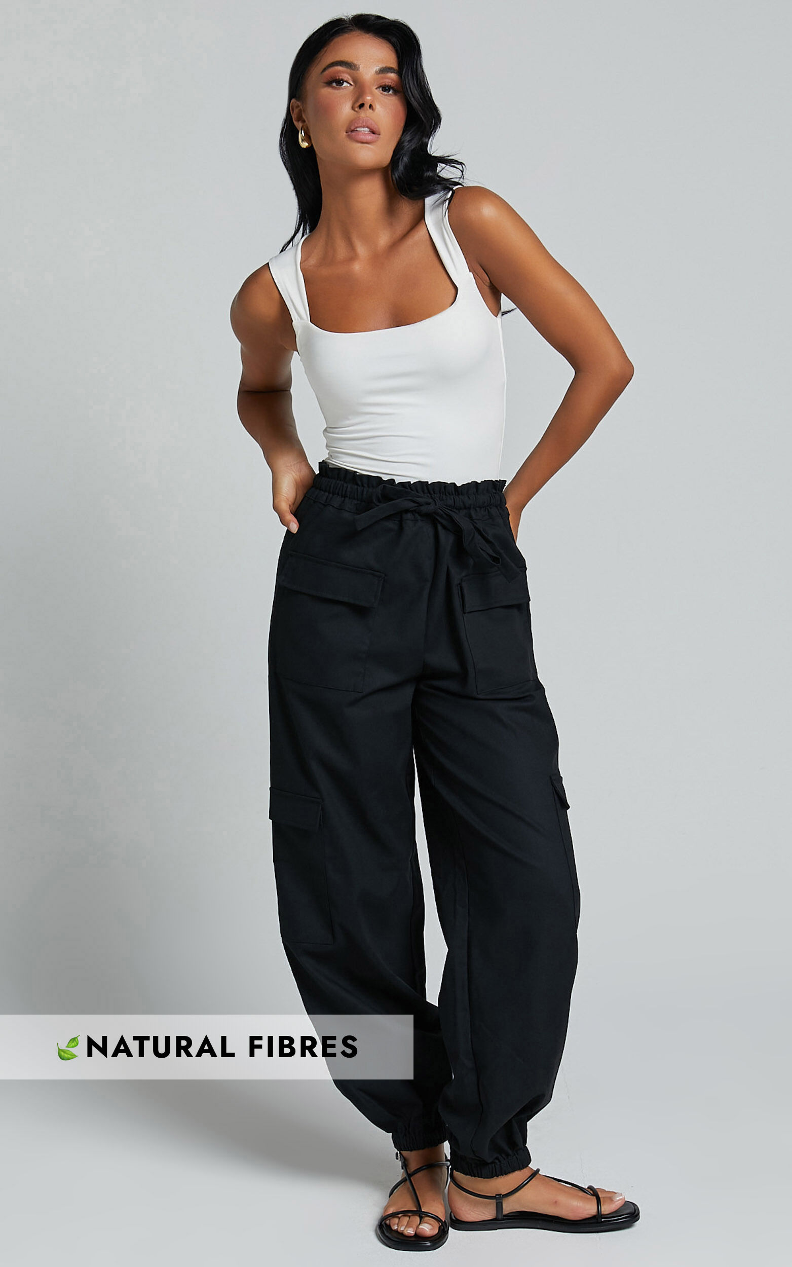 Simpson Pants - Linen Look Tie Waist Pocket Detail Cargo Pants in Black - 06, BLK1
