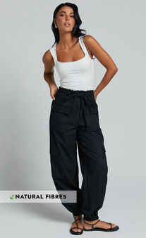 Simpson Pants - Linen Look Tie Waist Pocket Detail Cargo Pants in Black
