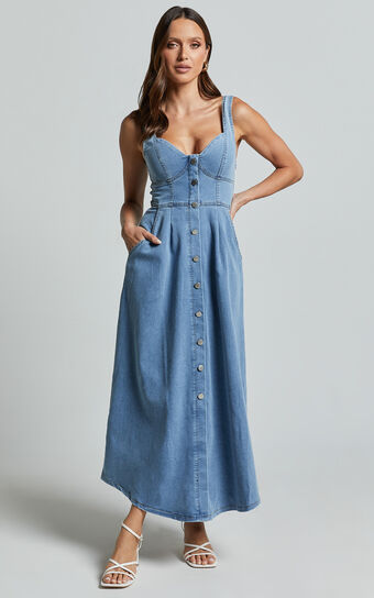 Camila Midi Dress - Button Front Side Pocket Detail A Line Midi Dress in Light Blue Wash