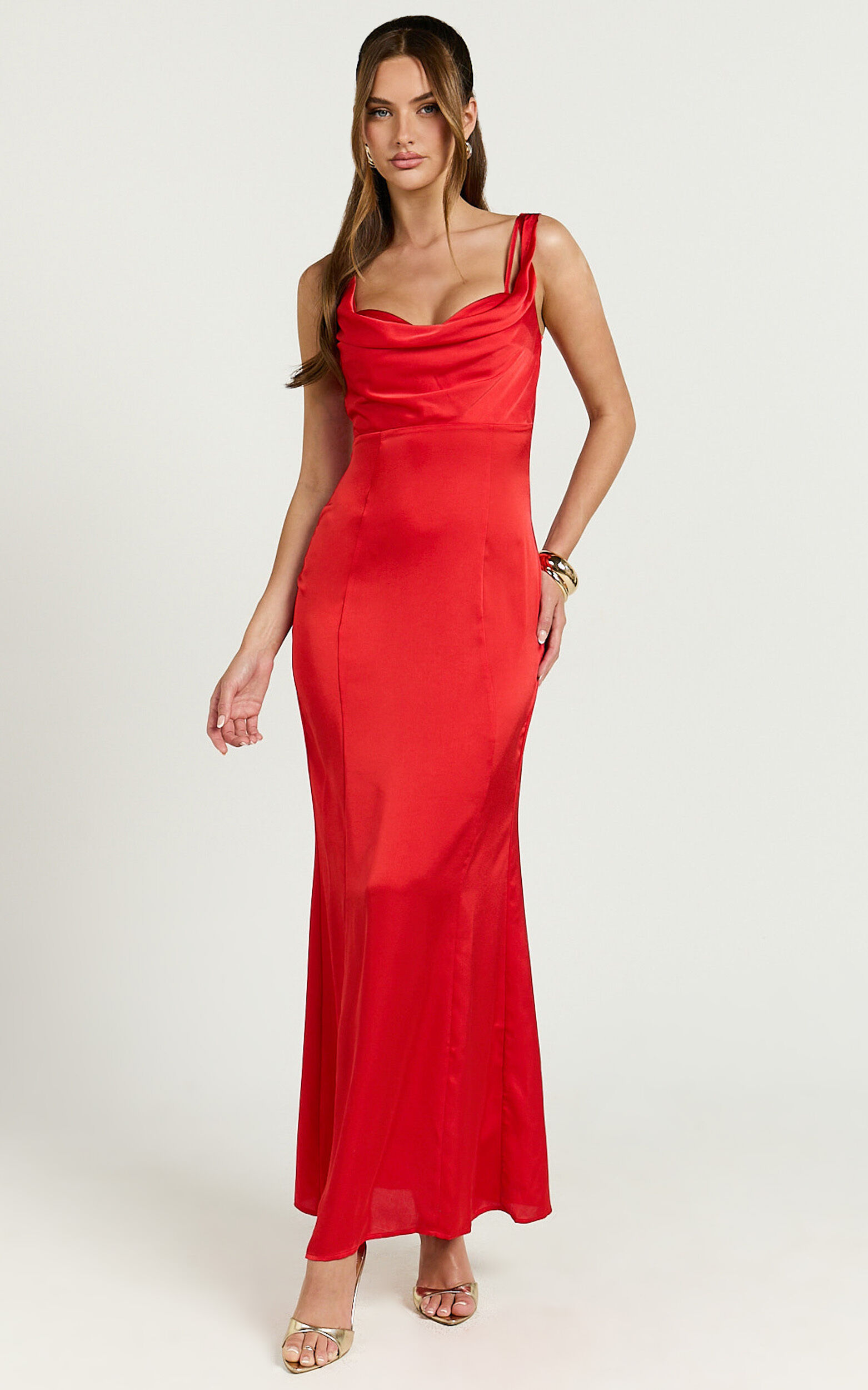 Grace Maxi Dress Cowl Neck Satin Slip Dress in Coral Red