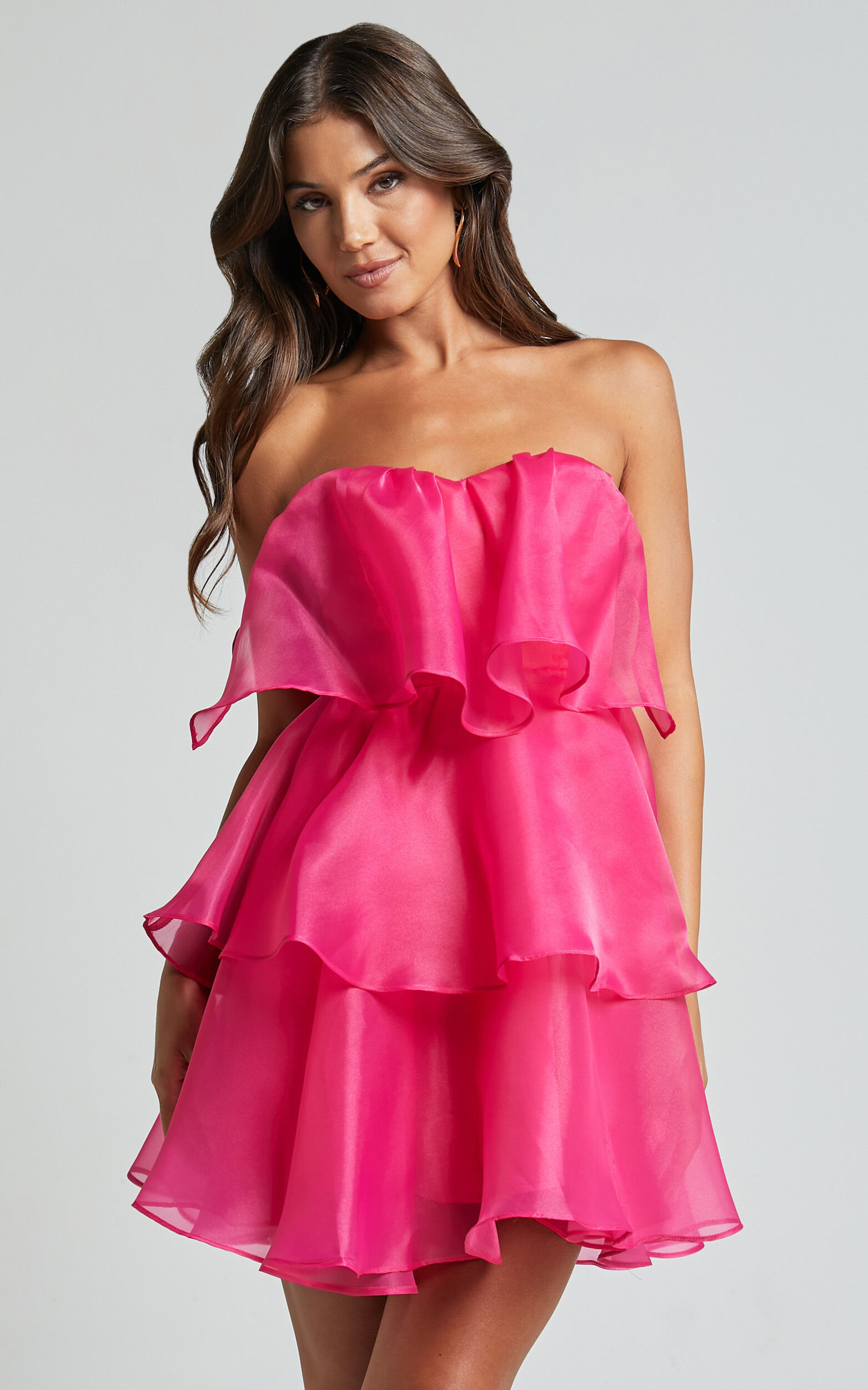 Annita Mini Dress - Scalloped Trim Strapless Dress in Pink