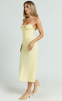 Mikayla Midi Dress - Linen Scoop Neck Ruched Bust Corset Waist Bias Skirt Dress in Lemon