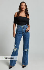 Miho Jeans - High Waisted Recycled Cotton Distressed Straight Leg Denim Jeans in Dark Blue Wash ...