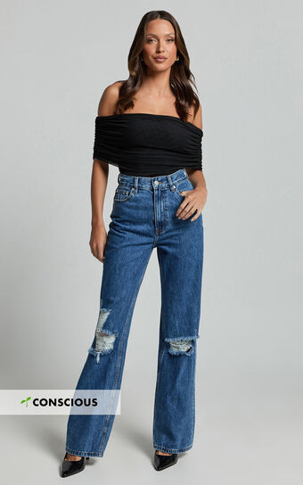 Miho Jeans - High Waisted Recycled Cotton Distressed Straight Leg Denim Jeans in Dark Blue Wash