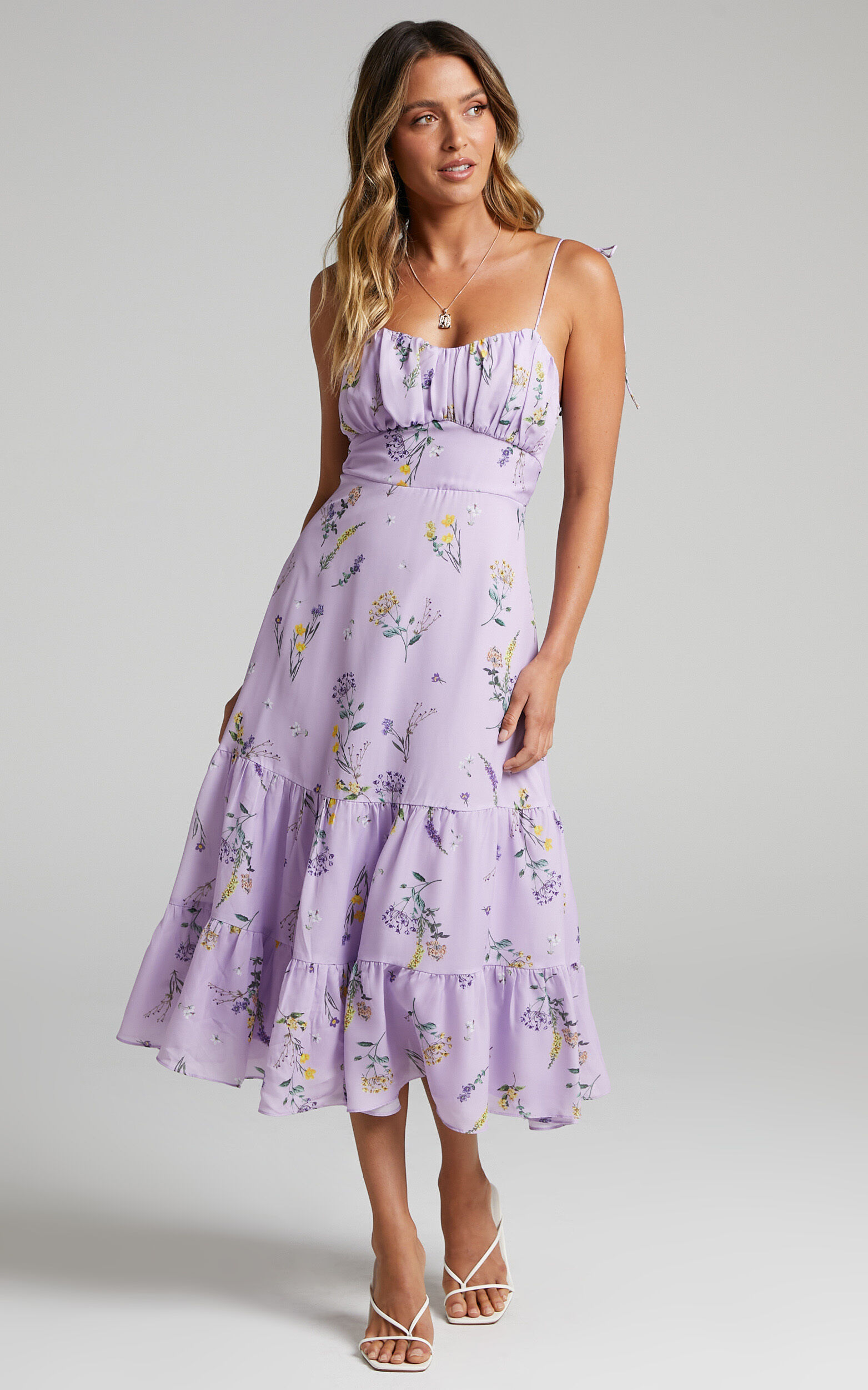 Purple floral midi dress hot sale