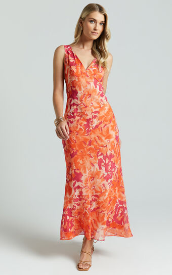 Aizelle Midi Dress - V Neck Dress in Orange Floral