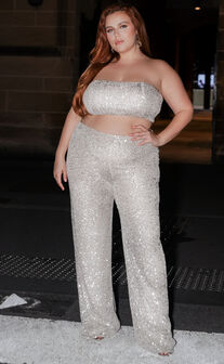 Imogen Two Piece Set - Bandeau Top and Straight Pants Set in Silver Sequin