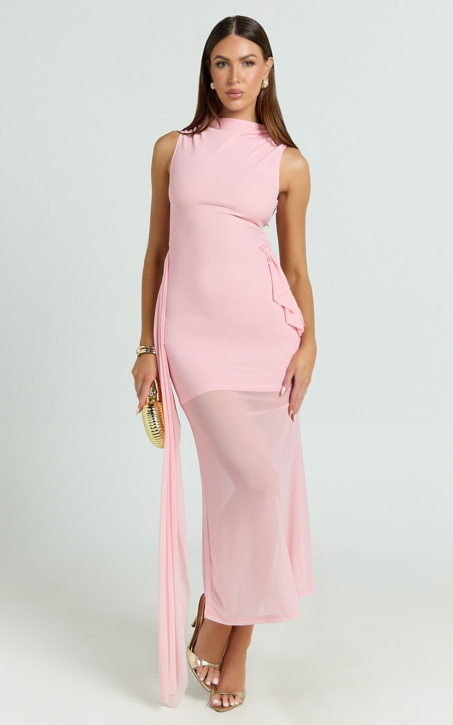 Jaimae Midi Dress - High Neck Side Knot Detail Mesh Dress in Soft Pink - 06, PNK1