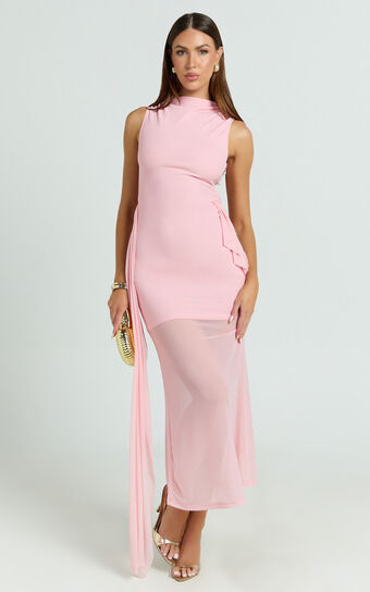 Jaimae Midi Dress - High Neck Side Knot Detail Mesh Dress in Soft Pink
