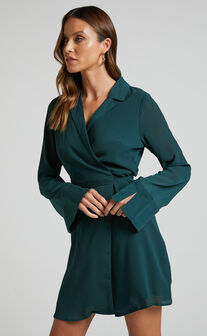 Amelle Mini Dress - Collared Long Sleeve Wrap Dress in Emerald