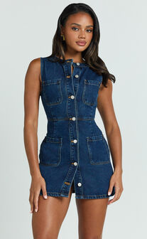 Stephanie Mini Dress - Scoop Neck Pocket Detail Recycled Denim Dress in Indigo Wash