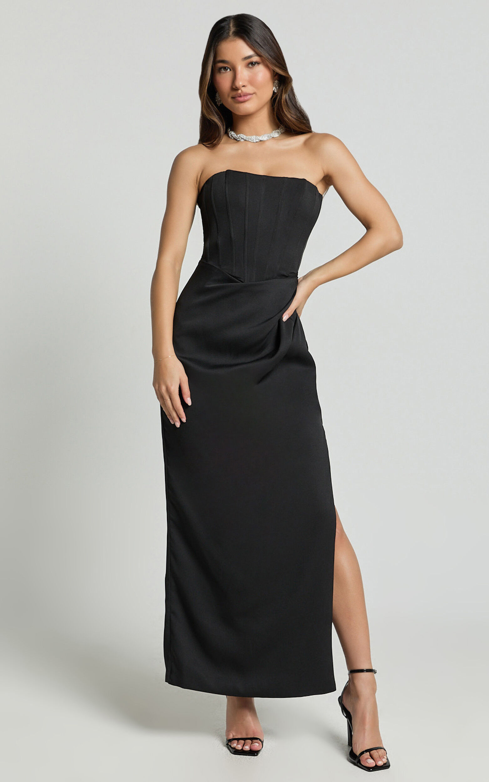 Avery Midi Dress - Strapless Draped Side Split Dress in Black | Showpo USA