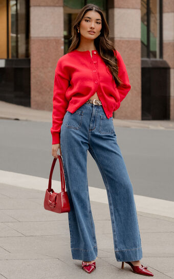 Lucille Cardigan - Button Through Scoop Neck Knit Cardigan in Red