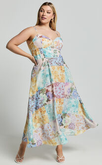 Robertson Midi Dress - Strappy Sweetheart Bustier Flare Dress in Vintage Floral