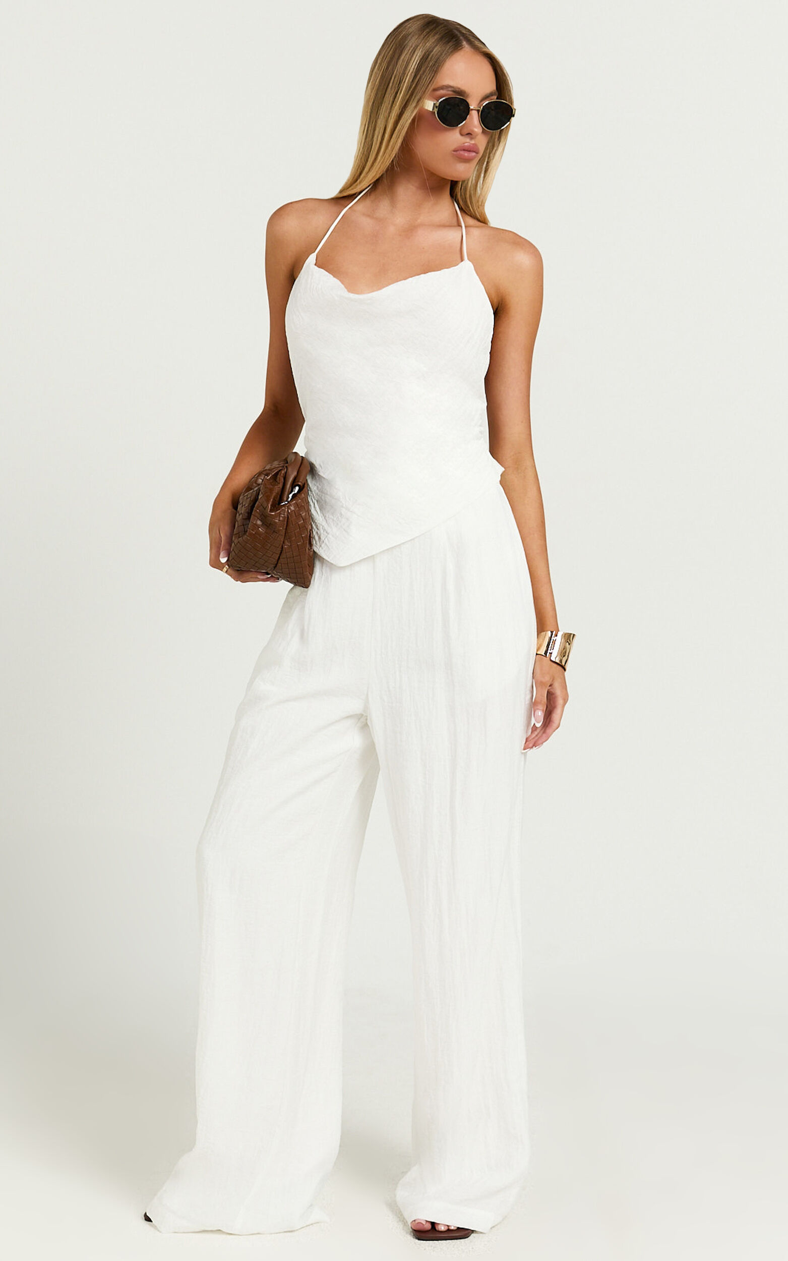 Hilda Pants - High Waisted Linen Look Palazzo Pants in White - 04, WHT1