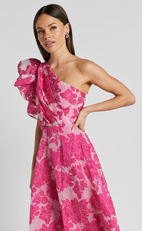 Alfreda Midi Dress - One Shoulder Ruffle Detail Brailey Jacquard Dress in Pink