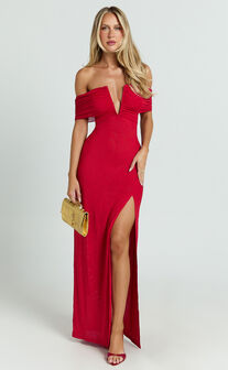 Alessia Maxi Dress - Off Shoulder Ruched Bodycon Dress in Red