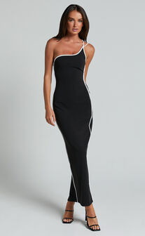 Diane Midi Dress - One Shoulder Strap Back Split Slip Dress in Black