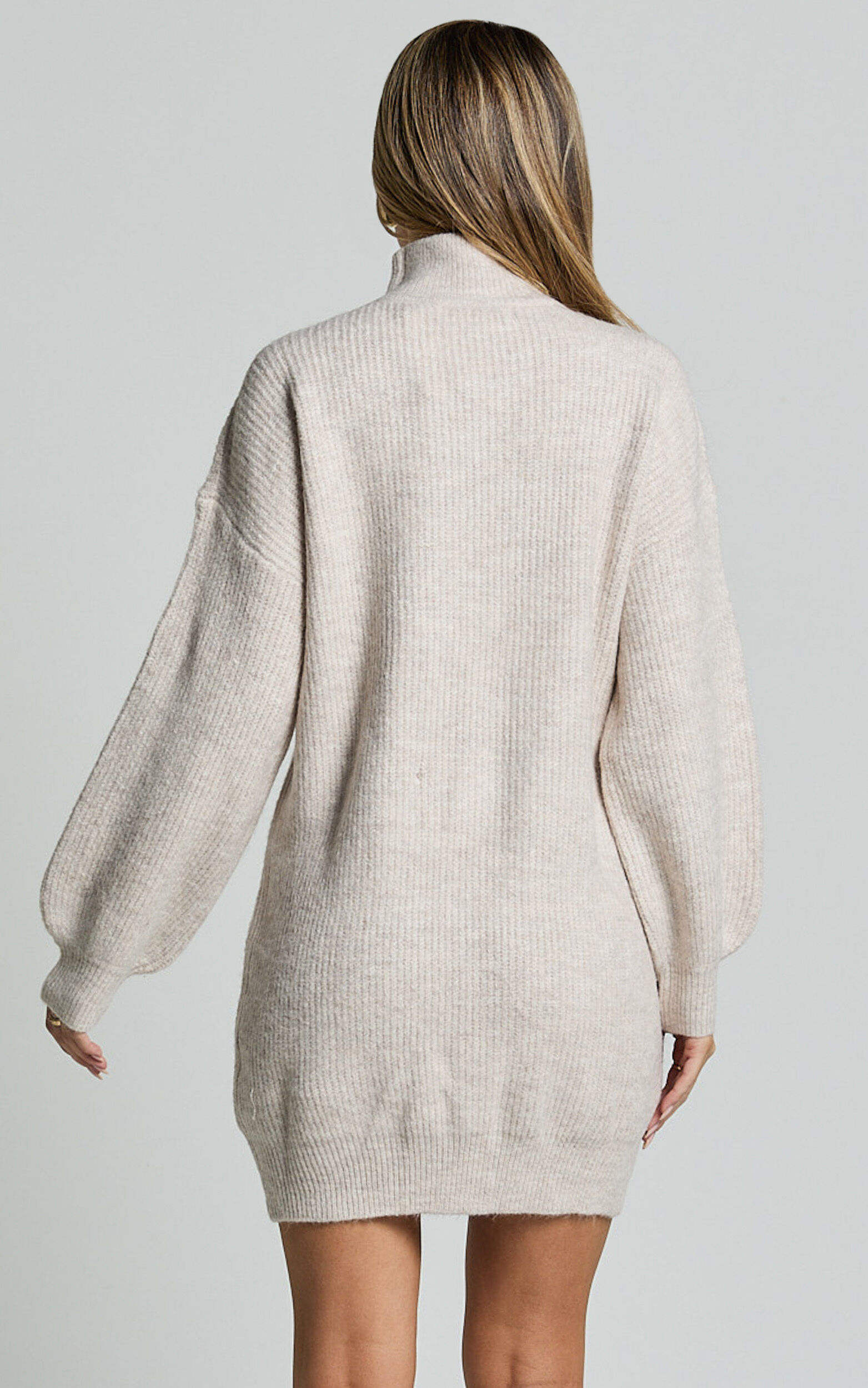 Tianna Mini Dress - Knitted Side Split Jumper Dress in Beige