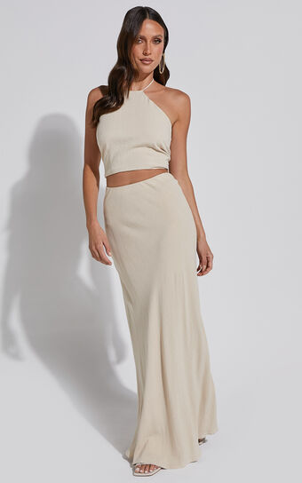 Chelsea Two Piece Set - Linen Look Halter Neck Top and Bias Cut Sheer Maxi Skirt in Natural