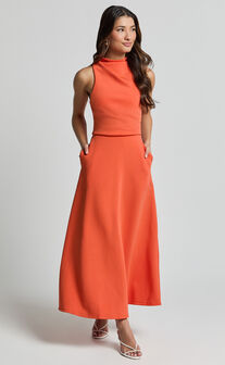 Macy Midi Dress - High Neck A Line Dress in Orange