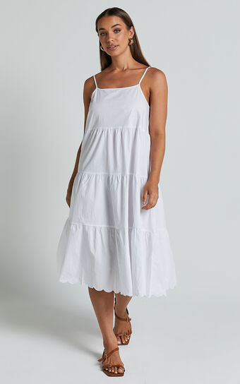 Siony Midi Dress - Scoop Neck Strappy Scallop Hem Tiered Dress in White